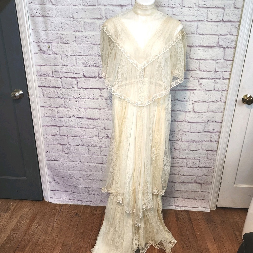 Gunne Sax Vintage 70s Ivory Lace Maxi Dress Size S 7 Wedding Romantic‎ Prairie